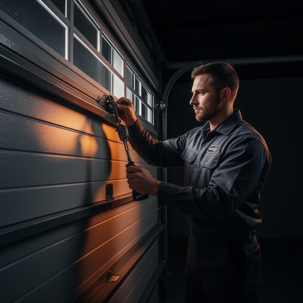 Professional garage door technician performing service